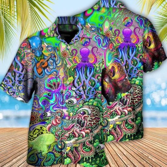 Sale OUKU Men's Tropical Guitar Octopus Shirt Summer Hawaiian Shirt Aloha Shirt Short Sleeve Shirt Turndown Tropical Fashion Hawaiian Casual Hawaiian Holiday Yellow Red Purple S M L