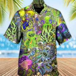 Sale OUKU Men's Tropical Guitar Octopus Shirt Summer Hawaiian Shirt Aloha Shirt Short Sleeve Shirt Turndown Tropical Fashion Hawaiian Casual Hawaiian Holiday Yellow Red Purple S M L