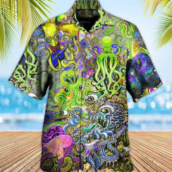 Sale OUKU Men's Tropical Guitar Octopus Shirt Summer Hawaiian Shirt Aloha Shirt Short Sleeve Shirt Turndown Tropical Fashion Hawaiian Casual Hawaiian Holiday Yellow Red Purple S M L