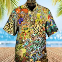 Sale OUKU Men's Tropical Guitar Octopus Shirt Summer Hawaiian Shirt Aloha Shirt Short Sleeve Shirt Turndown Tropical Fashion Hawaiian Casual Hawaiian Holiday Yellow Red Purple S M L