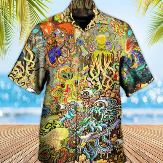 Sale OUKU Men's Tropical Guitar Octopus Shirt Summer Hawaiian Shirt Aloha Shirt Short Sleeve Shirt Turndown Tropical Fashion Hawaiian Casual Hawaiian Holiday Yellow Red Purple S M L