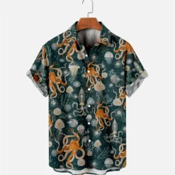 Best OUKU Men's Tropical Octopus Shirt Summer Hawaiian Shirt Aloha Shirt Short Sleeves Shirt Turndown Tropical Sports Streetwear Street Casual Hawaiian Green Gray S M L