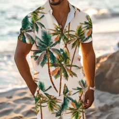 Sale OUKU Men's Tropical Palm Tree Tropical Plants 2pcs Shirts Sets Summer Hawaiian Shirt Short Sleeve Short Pants Turndown Vacation Hawaiian Outdoor Vacation Hawaiian Buttons Pocket Print Summer All Seasons