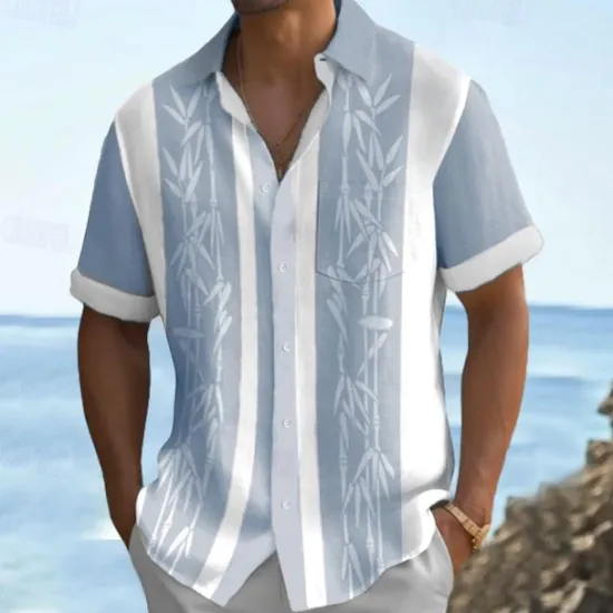 Sale OUKU Men's Tropical Plants Summer Hawaiian Shirt Aloha Shirt Printed Shirts Short Sleeves Shirt Turndown Hawaiian Resort Outdoor Vacation Holiday Light Blue Khaki Light Grey S M L