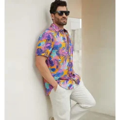 Best OUKU Men's Tropical Shirt Summer Hawaiian Shirt Button Up Shirt Short Sleeve Hawaiian Fashion Casual Vacation Daily Hawaiian Summer Lapel Print Purple
