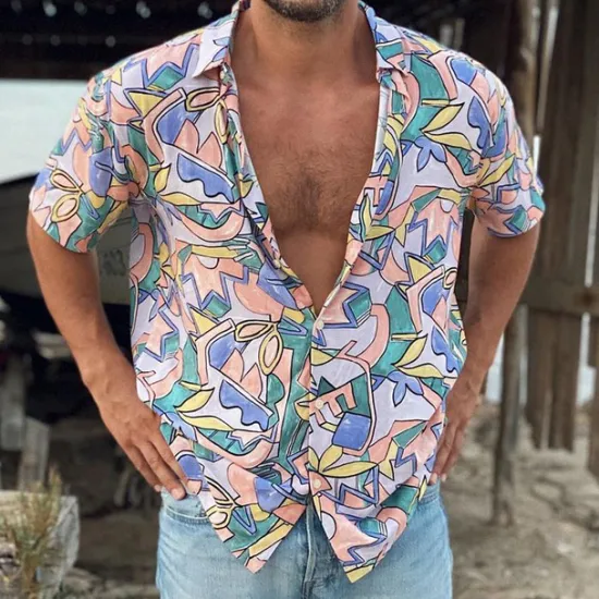 OUKU Men's Tropical Shirt Summer Hawaiian Shirt Aloha Shirt Short Sleeves Shirt Turndown Tropical Fashion Hawaiian Outdoor Street Hawaiian Yellow Pink Brown S M L