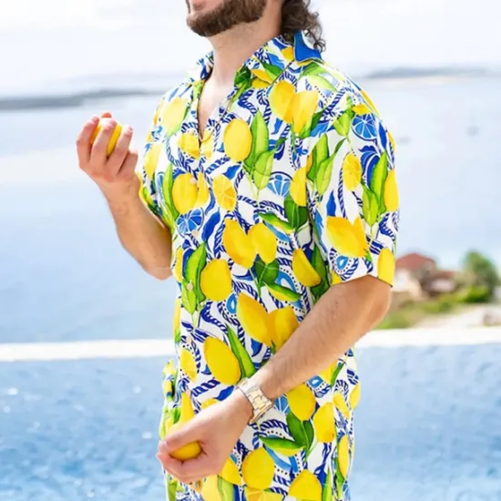 OUKU Men's Tropical Shirt Summer Hawaiian Shirt Aloha Shirt Short Sleeves Shirt Turndown Tropical Fashion Hawaiian Outdoor Street Hawaiian Yellow Pink Brown S M L