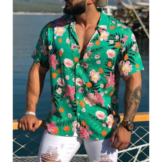 OUKU Men's Tropical Shirt Summer Hawaiian Shirt Aloha Shirt Short Sleeves Shirt Turndown Tropical Fashion Hawaiian Outdoor Street Hawaiian Yellow Pink Brown S M L
