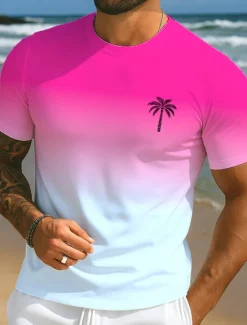 OUKU Men's Tropical T Shirt Short Sleeve T shirt 3D Print Crew Neck Shirt Vacation Tropical Hawaiian Vacation Street Casual Red Blue Light Purple Summer Spring Clothing Apparel S M L XL XXL XXXL