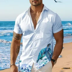 Outlet OUKU Men's Tropical Turtle Summer Hawaiian Shirt Aloha Shirt Printed Shirts Short Sleeves Shirt Turndown Hawaiian Resort Outdoor Vacation Holiday White Blue Green S M L