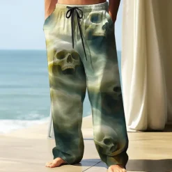 Hot OUKU Men's Trousers Baggy Pants Casual Pants Elastic Drawstring Waist Linen-Like Pants with Pockets Skull Halloween Costumes Full Length Holiday Streetwear Dark Punk Gothic Style Light Green Blue