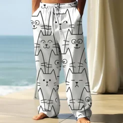 Clearance OUKU Men's Trousers Baggy Pants Casual Pants Elastic Drawstring Waist Linen-Like Pants with Pockets Animal Cat Funny Full Length Outdoor Vacation Casual White Pink Inelastic