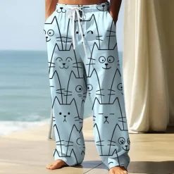 Clearance OUKU Men's Trousers Baggy Pants Casual Pants Elastic Drawstring Waist Linen-Like Pants with Pockets Animal Cat Funny Full Length Outdoor Vacation Casual White Pink Inelastic