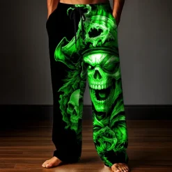 Hot OUKU Men's Trousers Baggy Pants Casual Pants Elastic Drawstring Waist Linen-Like Pants with Pockets Skull Pirate Full Length Holiday Dark Punk Gothic Style White Red Inelastic