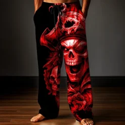 Hot OUKU Men's Trousers Baggy Pants Casual Pants Elastic Drawstring Waist Linen-Like Pants with Pockets Skull Pirate Full Length Holiday Dark Punk Gothic Style White Red Inelastic