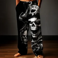 Hot OUKU Men's Trousers Baggy Pants Casual Pants Elastic Drawstring Waist Linen-Like Pants with Pockets Skull Pirate Full Length Holiday Dark Punk Gothic Style White Red Inelastic
