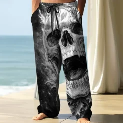 Sale OUKU Men's Trousers Baggy Pants Casual Pants Elastic Drawstring Waist Linen-Like Pants with Pockets Skull Flame Halloween Costumes Full Length Outdoor Holiday Dark Punk Gothic Style Black / Red Black+Grey