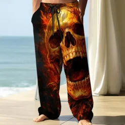 Sale OUKU Men's Trousers Baggy Pants Casual Pants Elastic Drawstring Waist Linen-Like Pants with Pockets Skull Flame Halloween Costumes Full Length Outdoor Holiday Dark Punk Gothic Style Black / Red Black+Grey