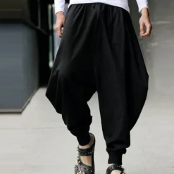 Online OUKU Men's Trousers Baggy Pants Casual Pants Baggy Harem Pants Drawstring Elastic Waist Wide Leg Solid Color Daily Streetwear Hippie Yoga Loose Fit Black Navy Blue