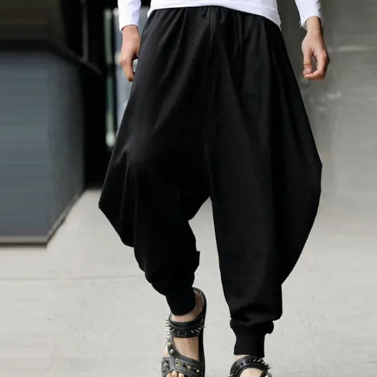 Online OUKU Men's Trousers Baggy Pants Casual Pants Baggy Harem Pants Drawstring Elastic Waist Wide Leg Solid Color Daily Streetwear Hippie Yoga Loose Fit Black Navy Blue
