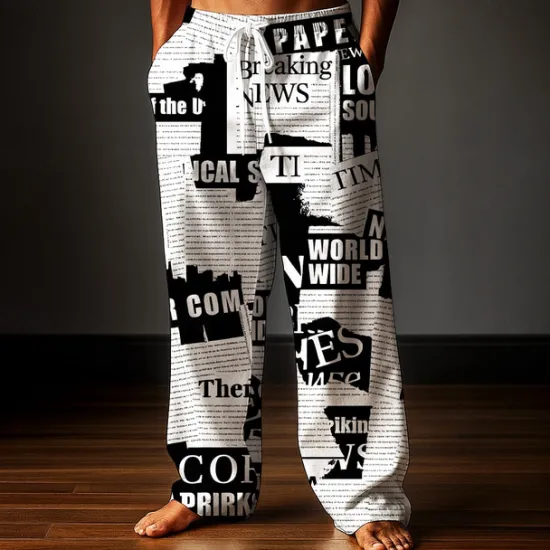 Hot OUKU Men's Trousers Baggy Pants Casual Pants Elastic Drawstring Waist Linen-Like Pants with Pockets Newspaper Letter Print Full Length Outdoor Holiday Retro Vintage White Pink Inelastic