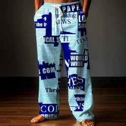 Hot OUKU Men's Trousers Baggy Pants Casual Pants Elastic Drawstring Waist Linen-Like Pants with Pockets Newspaper Letter Print Full Length Outdoor Holiday Retro Vintage White Pink Inelastic