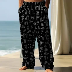 Best OUKU Men's Trousers Baggy Pants Casual Pants Elastic Drawstring Waist Linen-Like Pants with Pockets People Stick Figure Full Length Outdoor Vacation Funny Black White Inelastic