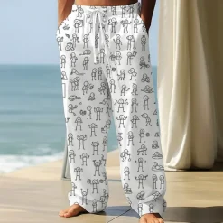 Best OUKU Men's Trousers Baggy Pants Casual Pants Elastic Drawstring Waist Linen-Like Pants with Pockets People Stick Figure Full Length Outdoor Vacation Funny Black White Inelastic