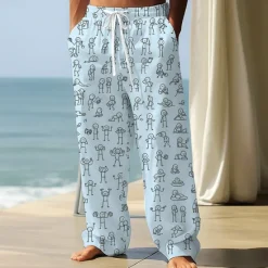 Best OUKU Men's Trousers Baggy Pants Casual Pants Elastic Drawstring Waist Linen-Like Pants with Pockets People Stick Figure Full Length Outdoor Vacation Funny Black White Inelastic