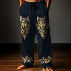 Outlet OUKU Men's Trousers Baggy Pants Casual Pants Elastic Drawstring Waist Linen-Like Pants with Pockets Wolf Totem Outdoor Holiday Retro Vintage Black Dark Green Inelastic