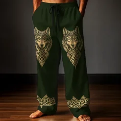 Outlet OUKU Men's Trousers Baggy Pants Casual Pants Elastic Drawstring Waist Linen-Like Pants with Pockets Wolf Totem Outdoor Holiday Retro Vintage Black Dark Green Inelastic