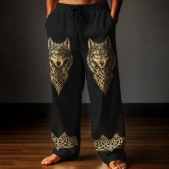Outlet OUKU Men's Trousers Baggy Pants Casual Pants Elastic Drawstring Waist Linen-Like Pants with Pockets Wolf Totem Outdoor Holiday Retro Vintage Black Dark Green Inelastic