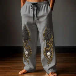 Clearance OUKU Men's Trousers Baggy Pants Casual Pants Elastic Drawstring Waist Linen-Like Pants with Pockets Skull Eagle Celtics Full Length Outdoor Holiday Retro Vintage White Dark Blue Inelastic