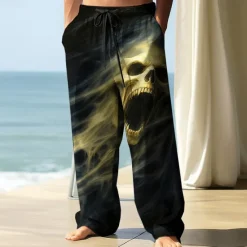 Outlet OUKU Men's Trousers Baggy Pants Casual Pants Elastic Drawstring Waist Linen-Like Pants with Pockets Skull Death Halloween Costumes Full Length Outdoor Holiday Dark Punk Gothic Style Black Red Micro-elastic