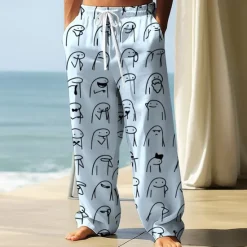 New OUKU Men's Trousers Baggy Pants Casual Pants Elastic Drawstring Waist Linen-Like Pants with Pockets Stick Figure Full Length Outdoor Vacation Streetwear Black White Inelastic