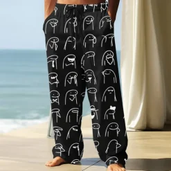 New OUKU Men's Trousers Baggy Pants Casual Pants Elastic Drawstring Waist Linen-Like Pants with Pockets Stick Figure Full Length Outdoor Vacation Streetwear Black White Inelastic