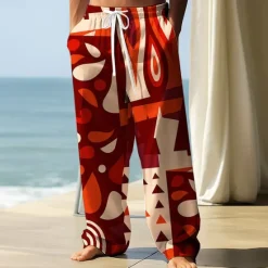 Sale OUKU Men's Trousers Baggy Pants Casual Pants Elastic Drawstring Waist Linen-Like Pants with Pockets Geometric Color Block Full Length Vacation Daily Classic Style Red Blue Inelastic