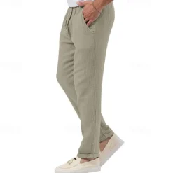 OUKU Men's Trousers Beach Shorts Casual Pants Seersucker Pants Drawstring Elastic Waist Straight Leg Plain Comfort Breathable Daily Holiday Vacation Fashion Casual Black White