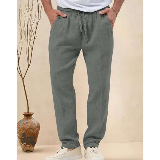 OUKU Men's Trousers Beach Shorts Casual Pants Seersucker Pants Drawstring Elastic Waist Straight Leg Plain Comfort Breathable Daily Holiday Vacation Fashion Casual Black White