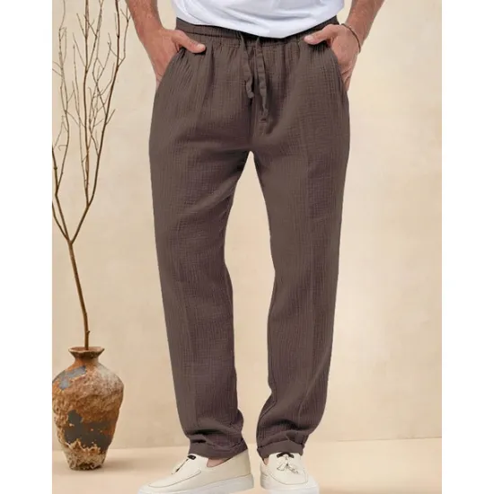 OUKU Men's Trousers Beach Shorts Casual Pants Seersucker Pants Drawstring Elastic Waist Straight Leg Plain Comfort Breathable Daily Holiday Vacation Fashion Casual Black White