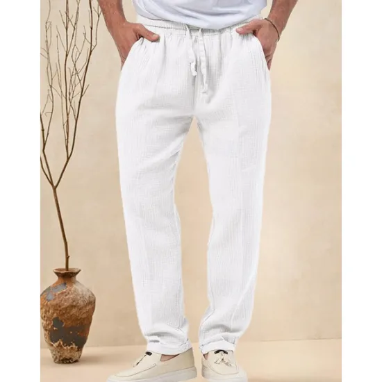 OUKU Men's Trousers Beach Shorts Casual Pants Seersucker Pants Drawstring Elastic Waist Straight Leg Plain Comfort Breathable Daily Holiday Vacation Fashion Casual Black White