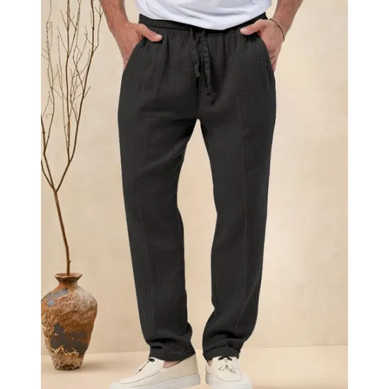 OUKU Men's Trousers Beach Shorts Casual Pants Seersucker Pants Drawstring Elastic Waist Straight Leg Plain Comfort Breathable Daily Holiday Vacation Fashion Casual Black White