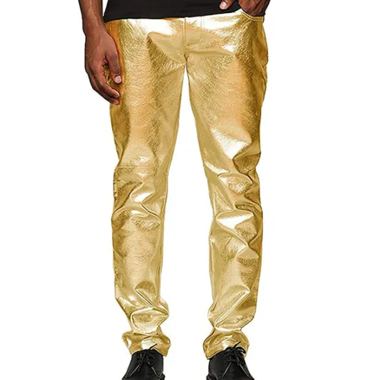 Best OUKU Men's Trousers Casual Pants Shiny Metallic Straight Leg Plain Reflective Comfort Party Casual Holiday Streetwear Stylish Silver Gold