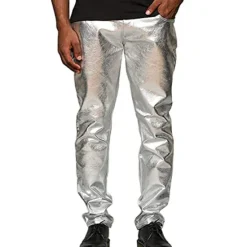 Best OUKU Men's Trousers Casual Pants Shiny Metallic Straight Leg Plain Reflective Comfort Party Casual Holiday Streetwear Stylish Silver Gold