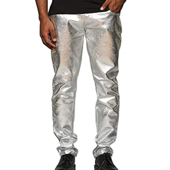 Best OUKU Men's Trousers Casual Pants Shiny Metallic Straight Leg Plain Reflective Comfort Party Casual Holiday Streetwear Stylish Silver Gold