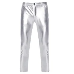 Best OUKU Men's Trousers Casual Pants Shiny Metallic Straight Leg Plain Reflective Comfort Party Casual Holiday Streetwear Stylish Silver Gold