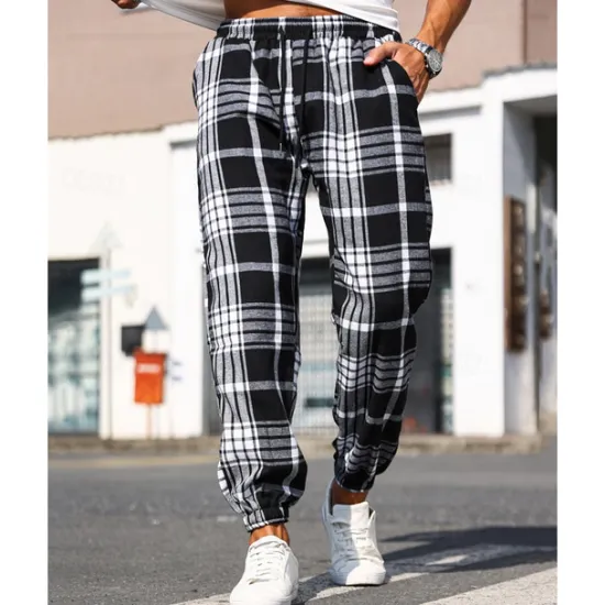 Best OUKU Men's Trousers Casual Pants Drawstring Elastic Waist Plaid Wearable Outdoor Daily Fashion Classic Black