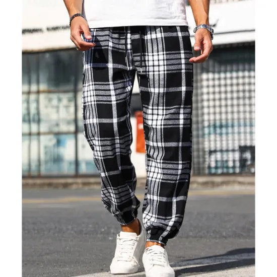 Best OUKU Men's Trousers Casual Pants Drawstring Elastic Waist Plaid Wearable Outdoor Daily Fashion Classic Black