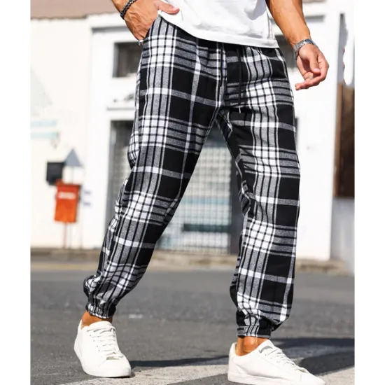 Best OUKU Men's Trousers Casual Pants Drawstring Elastic Waist Plaid Wearable Outdoor Daily Fashion Classic Black