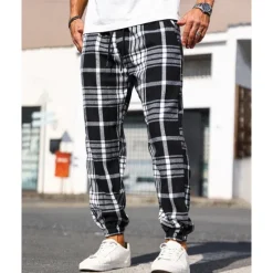 Best OUKU Men's Trousers Casual Pants Drawstring Elastic Waist Plaid Wearable Outdoor Daily Fashion Classic Black
